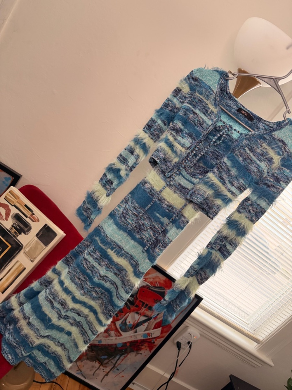 Blue Multi-Tone Fuzzy Knit Maxi Dress